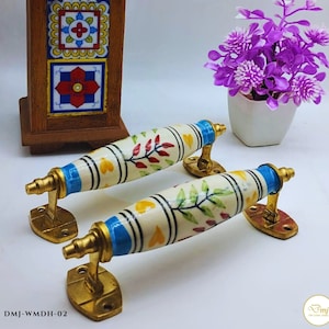Indian Floral Hand Painted Craft Handmade Door Handle, Home Decoration Carved Door Handle, Vintage Door Handle Pair