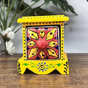 Hand Painted Ceramic Drawer Box, Wooden Storage Organizer with Floral Ceramic Knob