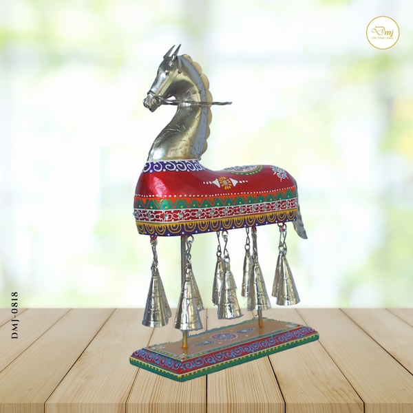 Iron Bell Horse With Wooden Base, Handmade Indian Decorative Art Showpiece For Home Decor, Wedding Gift, Home Decor Accessories