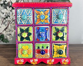 Artisan-Made 9-Compartment Spice Box | Wooden & Ceramic Drawer Organizer | Rustic Kitchen Storage | Indian Handcrafted Decor