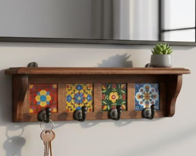 Handmade Wooden Key Holder with Ceramic Tile, Boho Entryway Wall Decor
