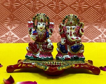 Indian handpainted finish lakshmi ganesh set with diya, hindu god idol, laxmi ganesh set, ganesh laxmi statue, diwali puja god
