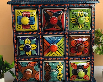 Handmade 9-Drawer Wooden Spice Box with Hand-Painted Ceramic Drawers | Indian Kitchen Organizer | Masala, Jewelry & Trinket Storage