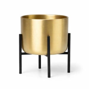 May include: A cylindrical gold-coloured metal planter with a smooth, brushed finish. The planter is supported by a black metal stand featuring four thin, vertical legs connected by a cross-shaped base structure that elevates the container.