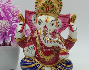 Hand Painted Metal Ganesha Statue, Hindu God Vinayak, Home Temple Decor