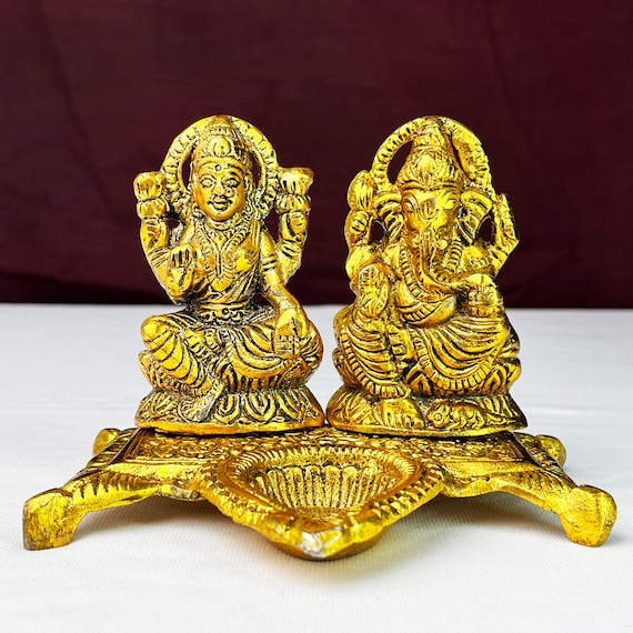 Handmade Laxmi Ganesh Idol Set | Gold Finish, Indian Hindu Statues