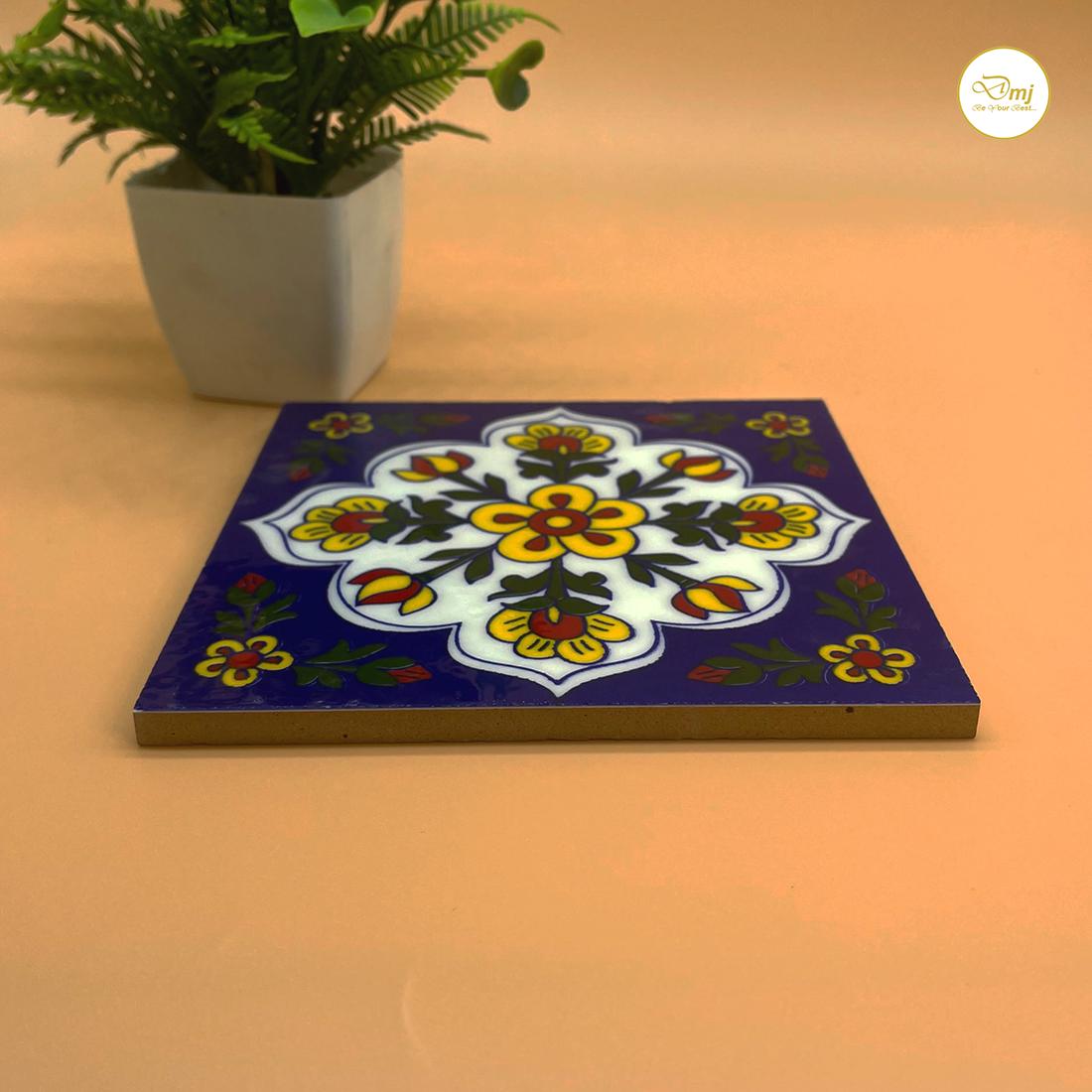Hand Painted Ceramic Tile Coaster Set | Indian Floral Art Decor - Etsy
