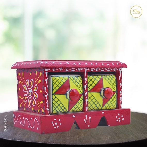 Buy Wooden Mini Drawer Spice Container Set Hand-painted Ceramic