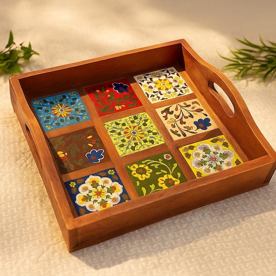 Handcrafted Wooden Serving Tray – Floral Ceramic Tile Inlay - Etsy