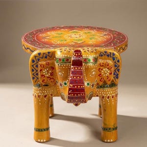 Banquinho de elefante pintado à mão | Mesa de elefante de madeira feita à mão, decoração de arte folclórica indiana e mesas laterais