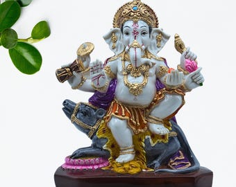 Hand-Painted Lord Mushak Ganesha Sitting Statue | Hindu Vinayak Idol for Good Luck & Prosperity | Home Decor | Spiritual Gift