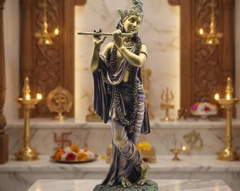 Estatua de Krishna con acabado de latón y flauta / Ídolo de Krishna de pie para templo doméstico