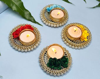 Handcrafted Floral Tealight Candle Holders, Diwali Festive Decor, Set of 4