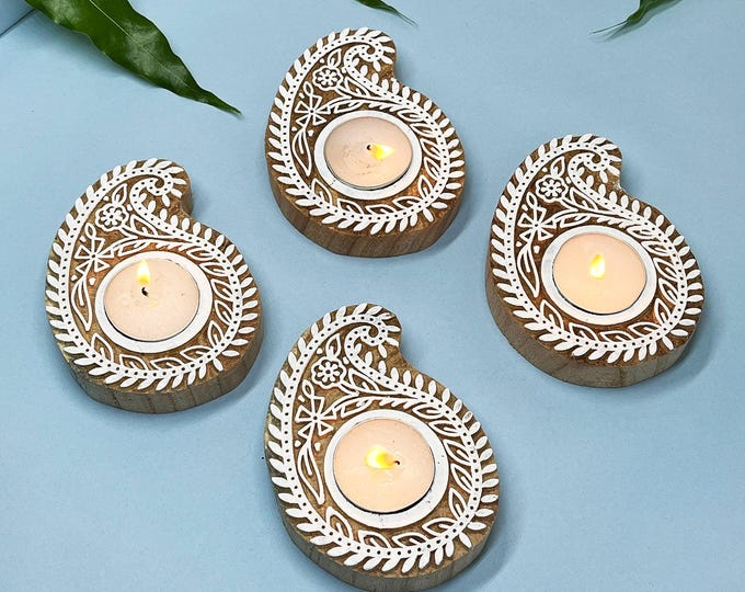 Handmade Wooden Tealight Holders Set, Block Print Paisley Decor