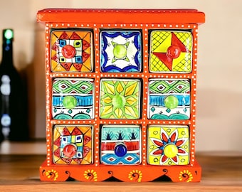 Handmade Wooden Spice Box | 9 Ceramic Drawers, Rajasthani Art