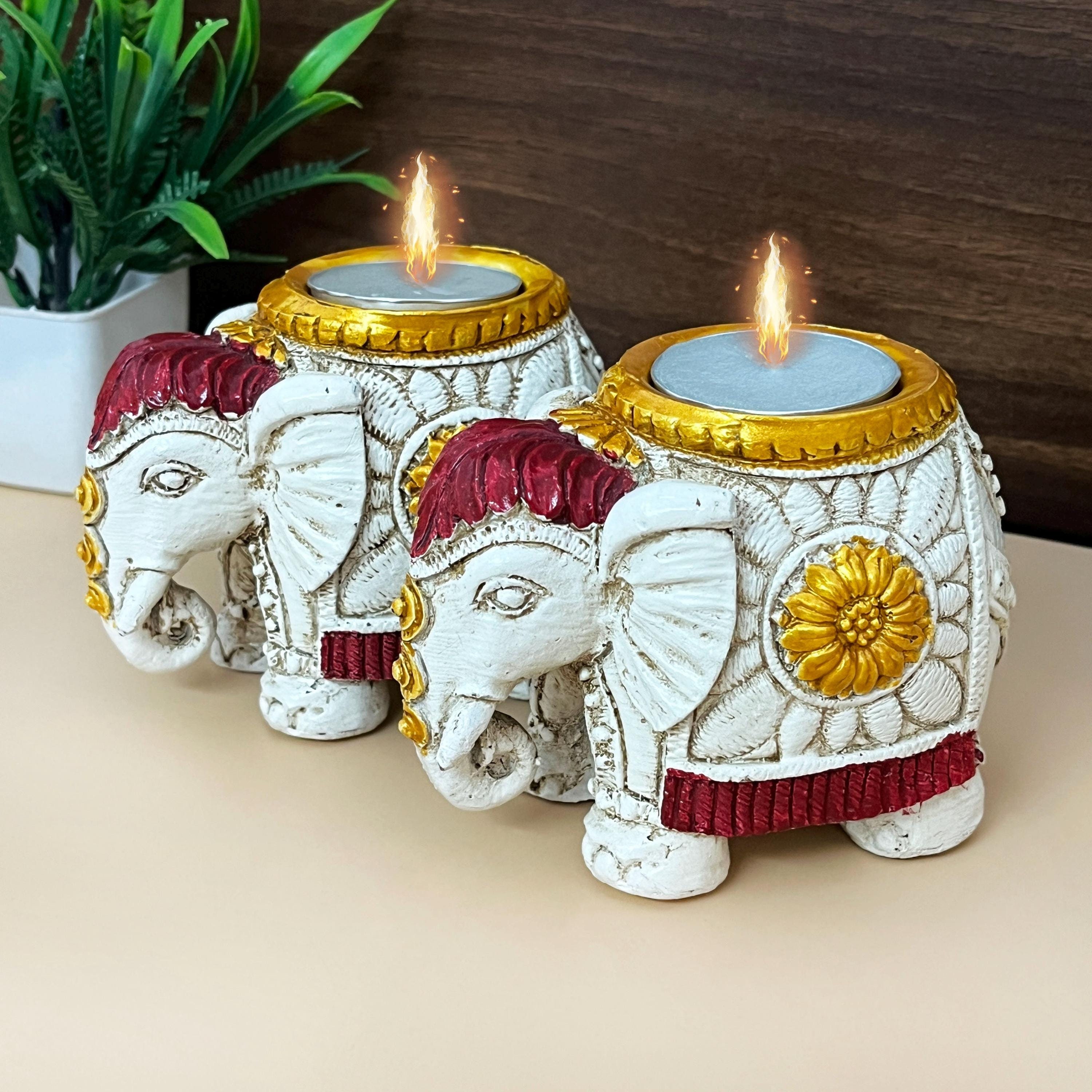 Two Elephants Carved Rain Tree Wooden Candle Holder Set by