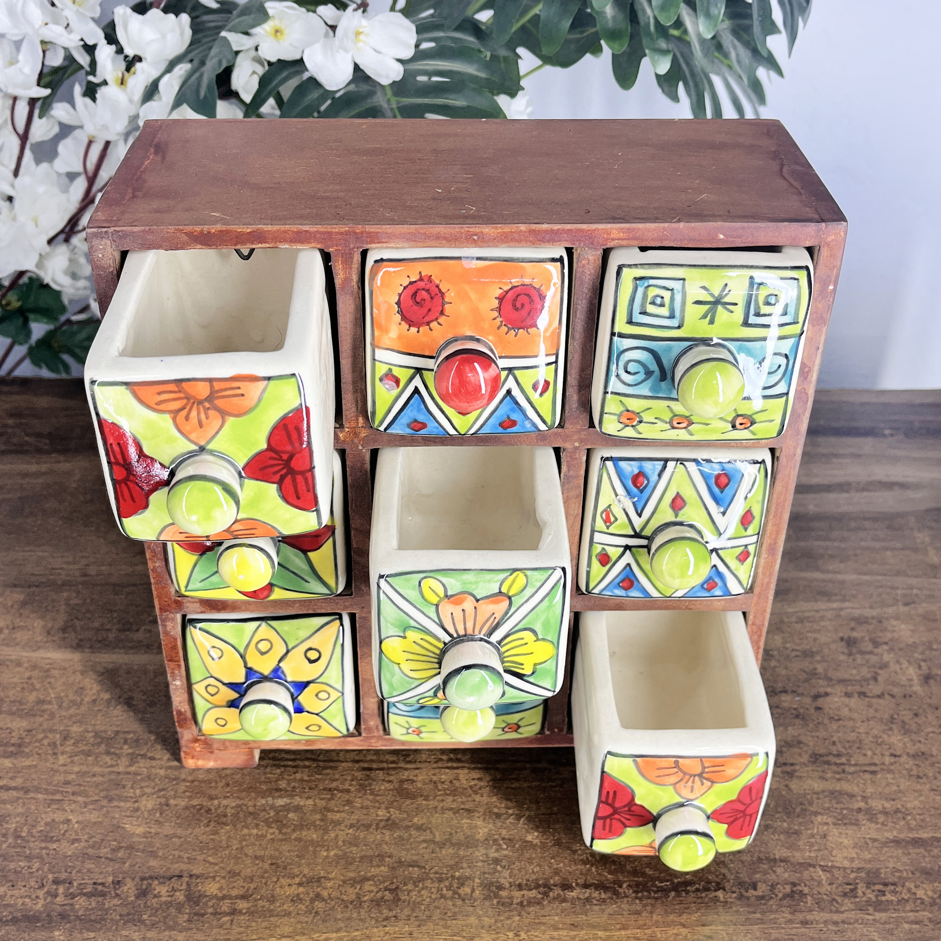 Handmade Indian Spice Box | 9-compartment Ceramic Drawer Organizer