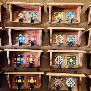 Ceramic Tile Key Rack – Minimalist Wooden Wall 2 Hook for Entryway or ...