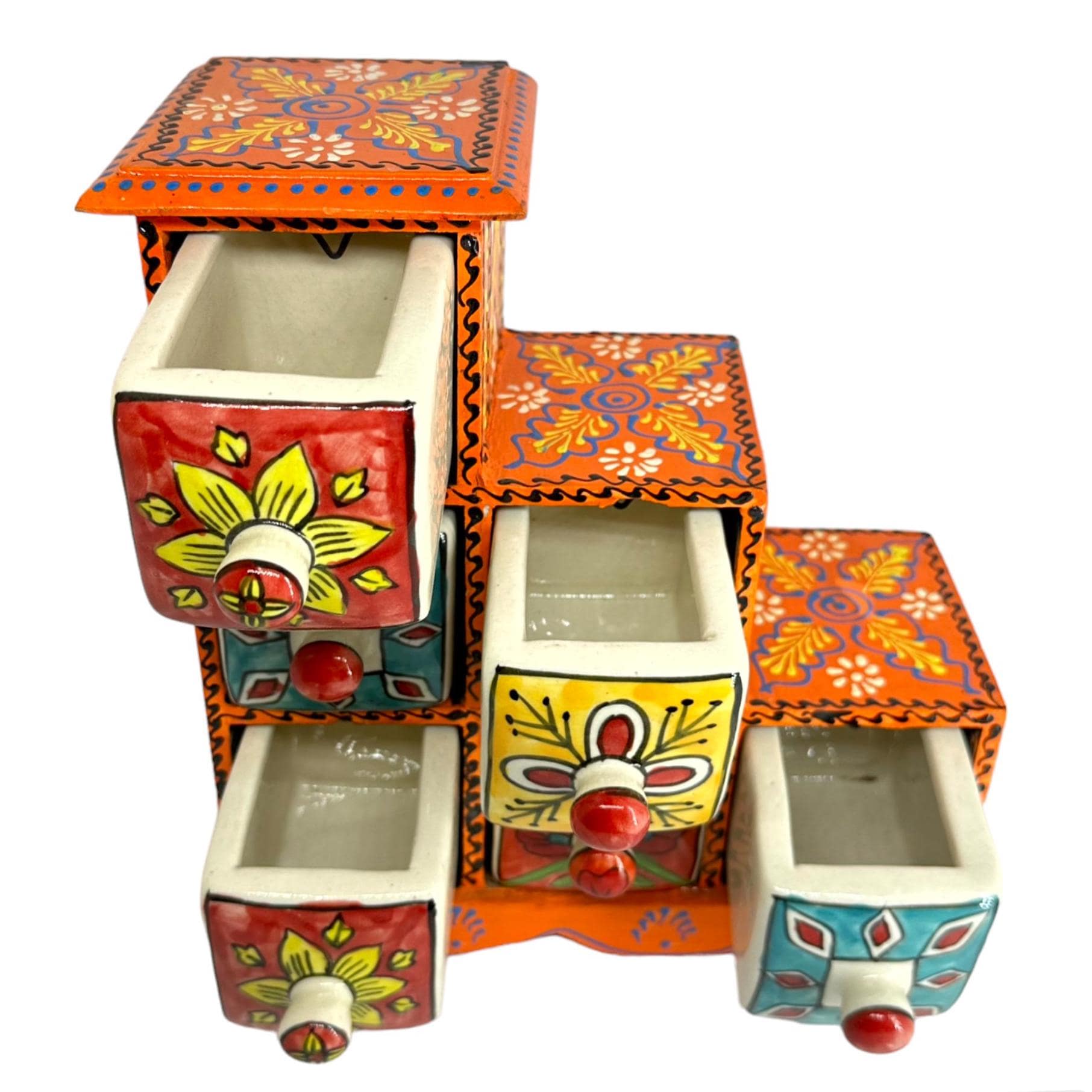 Handmade Wooden Spice Box | 6-drawer Ceramic Organizer, Indian