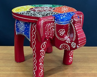 Hand-Painted Wooden Elephant Table, Footstool, Bench Chair – Miniature Decorative Elephant Table, Kids Stool, Indian Style Furniture