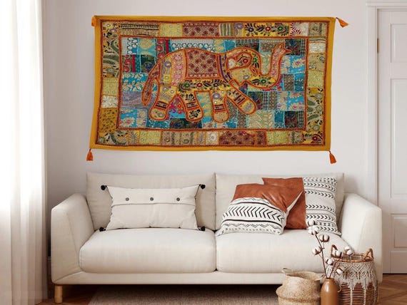Handmade Patchwork Elephant Wall Hanging Multicolor Textile Tapestry Boho Indian Wall Art Decor