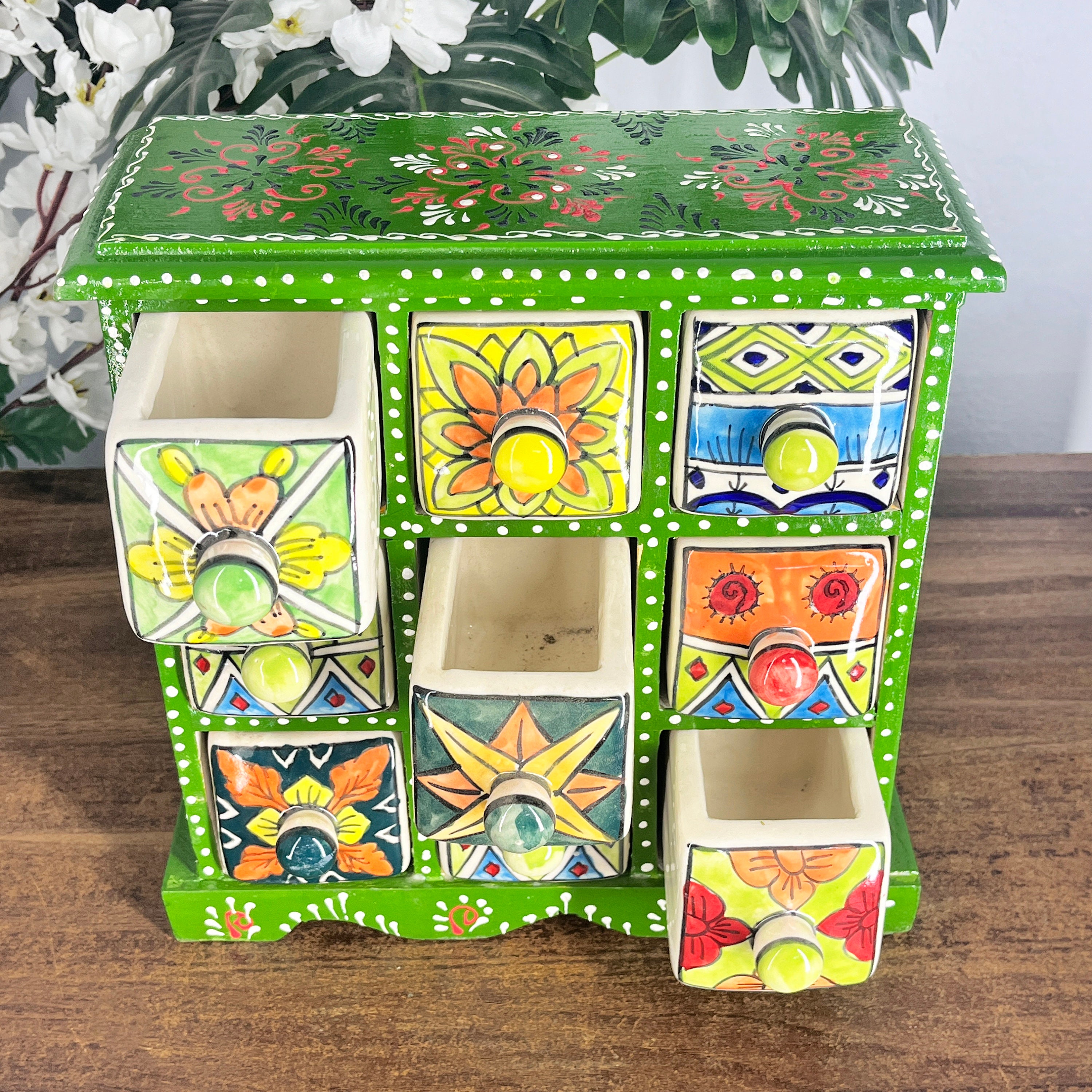 錫製 亀香合　印泥盒 置物　小物入れ Handmade 9-drawer Spice Organizer | Wooden Ceramic Box, Indian