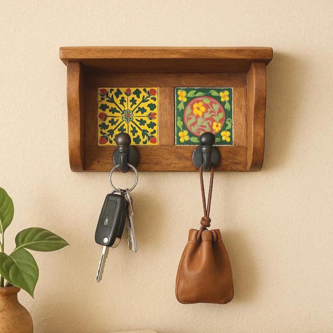 Ceramic Tile Key Rack – Minimalist Wooden Wall 2 Hook for Entryway or ...