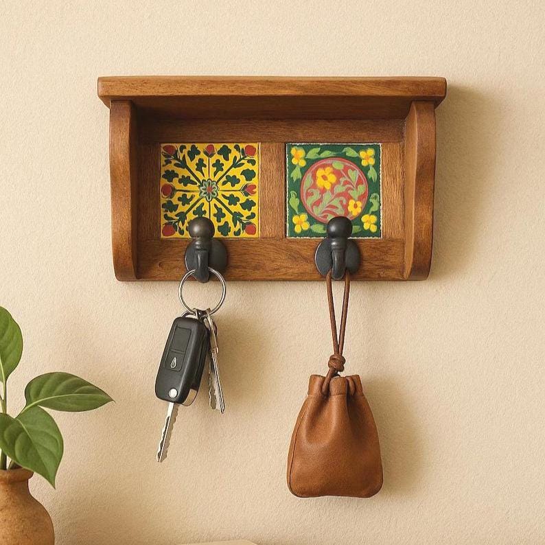 Ceramic Tile Key Holder With Wooden Wall Hooks for Entryway Decor - Etsy
