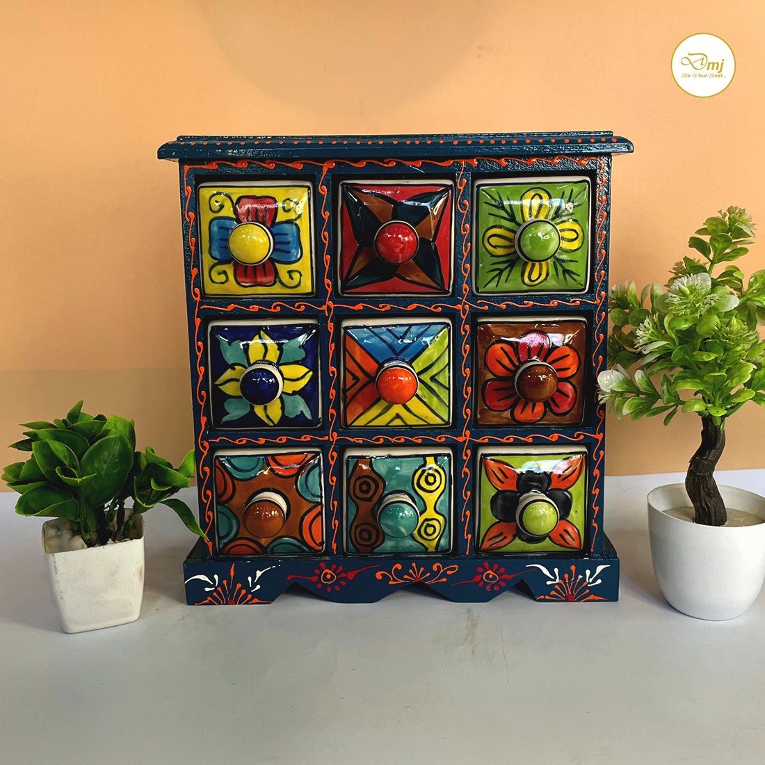 Handmade 9-Drawer Wooden Spice Box with Hand-Painted Ceramic Drawers | Indian Kitchen Organizer | Masala, Jewelry & Trinket Storage