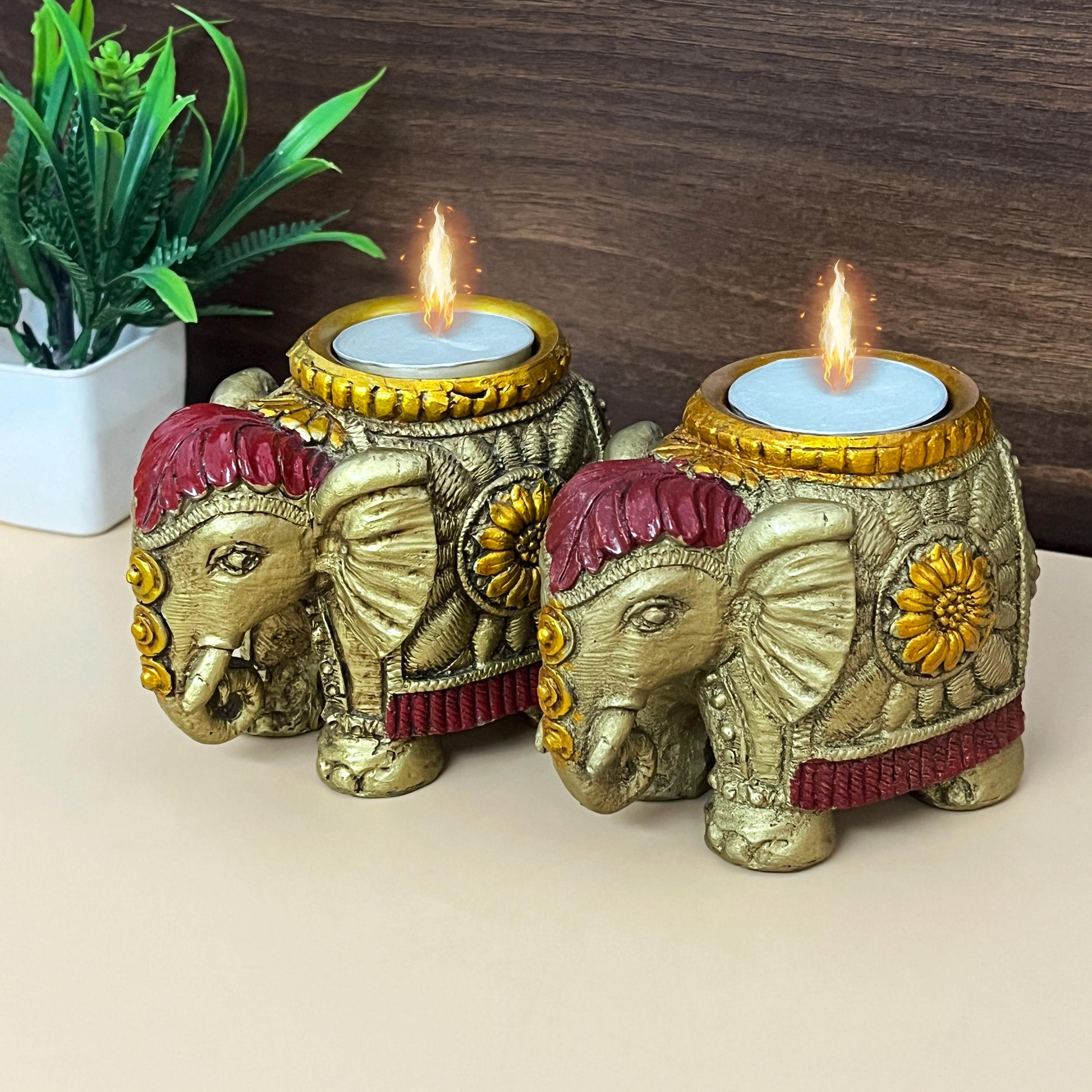 2 Elefanten-Teelichthalter Aus Polyresin – Elfenbeinfarben, 8,5 X 6 X 5 Cm, Deko & Geschenk