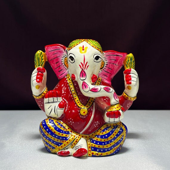 Hand Painted Metal Ganesha Statue, Decorative Hindu God Idol for Home Temple Decor