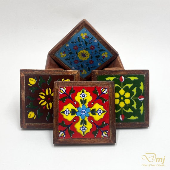 Bahamas 絵皿＋コースター＆トレイ 6点セット Art Lovers Gift Vintage Handpainted Wooden Tea Coaster Set, Table