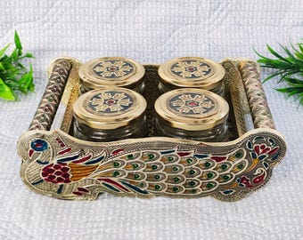 Vintage Rajasthani Peacock Meenakari Gold Tray Set with 4 Decorative Jars – Antique Indian Wedding Return Gift, Traditional Art Gift Set