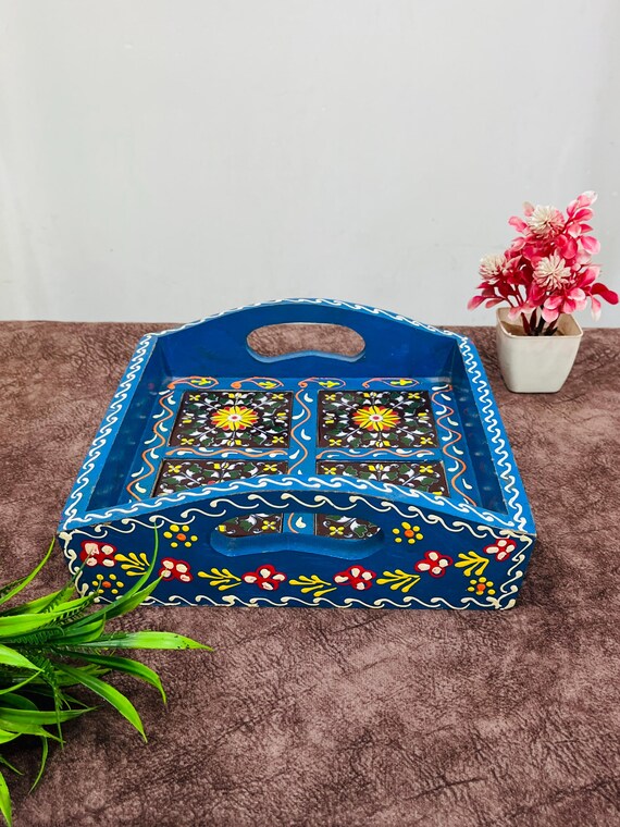 Handcrafted Blue Wood Serving Tray: Rajasthani Floral Tile Art - Etsy