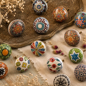 Hand-Painted Ceramic Knob Pack of 50 , Multicolor Floral Furniture Hardware Assorted
