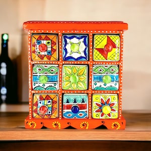 Wooden Ceramic Drawer Organizer | Handcrafted Rajasthani Storage Chest | 9 Drawer, 6 Drawer & Stair Drawer with Free Mini Drawer