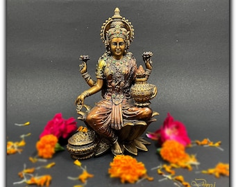 Brass Finish Laxmi Statue – Handmade Hindu Goddess Idol for Temple Decor, Diwali & Wedding Gifts