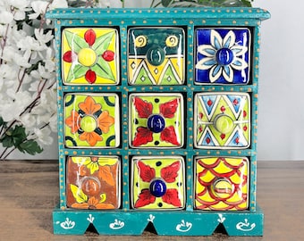 Artisan 9-Drawer Spice Chest | Hand-Painted Ceramic Drawers | Indian Handmade Jewelry Box | Kitchen Storage Organizer by Diwam Handicrafts