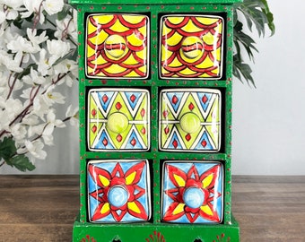 Handpainted Wooden Jewelry Box – Rajasthani Keepsake Chest, Ceramic Drawers