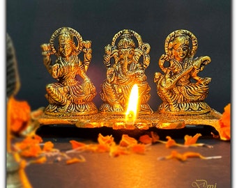 Indian handmade laxmi ganesh saraswati gold color statue, indian god idols, laxmi ganesh saraswati idols set for home temple home decor idol