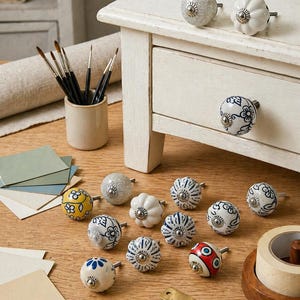 May include: A selection of ceramic cabinet knobs with diverse patterns, including floral and striped designs. The knobs feature colours like white, blue, yellow, and red, with metal fixings. Some knobs are on a white drawer, with a variety of paintbrushes.
