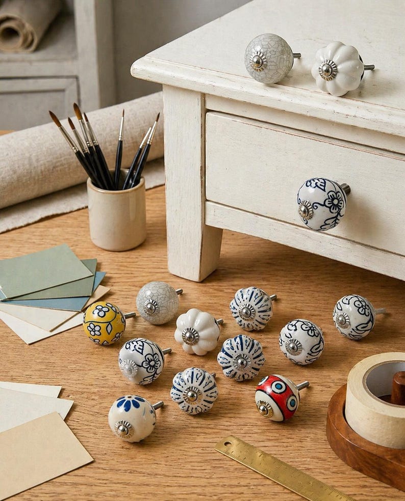 May include: A selection of ceramic cabinet knobs with diverse patterns, including floral and striped designs. The knobs feature colours like white, blue, yellow, and red, with metal fixings. Some knobs are on a white drawer, with a variety of paintbrushes.
