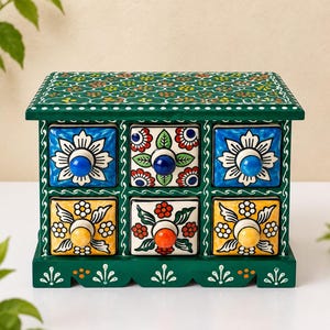 6 Compartment Wooden Ceramic Drawer Cabinet – Multicolor Floral Folk Art – 9.5 × 4 × 7 Inches