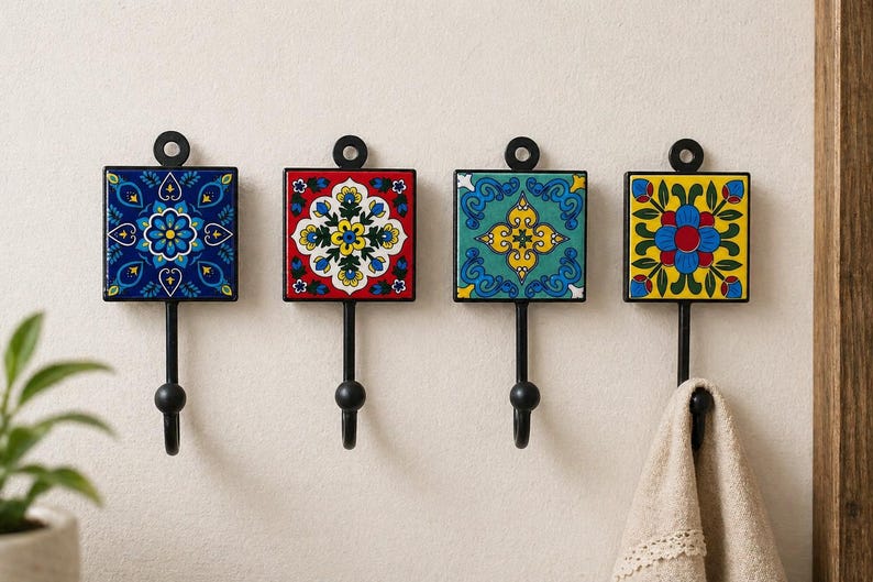 May include: Four decorative wall hooks with square, patterned ceramic tiles in blue, red, teal, and yellow. Each hook has a black metal frame and a curved hook. One hook holds a beige towel. The hooks are mounted on a white wall.