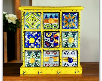 Hand-Painted Wooden Jewelry Box: Indian Ceramic Drawer Chest