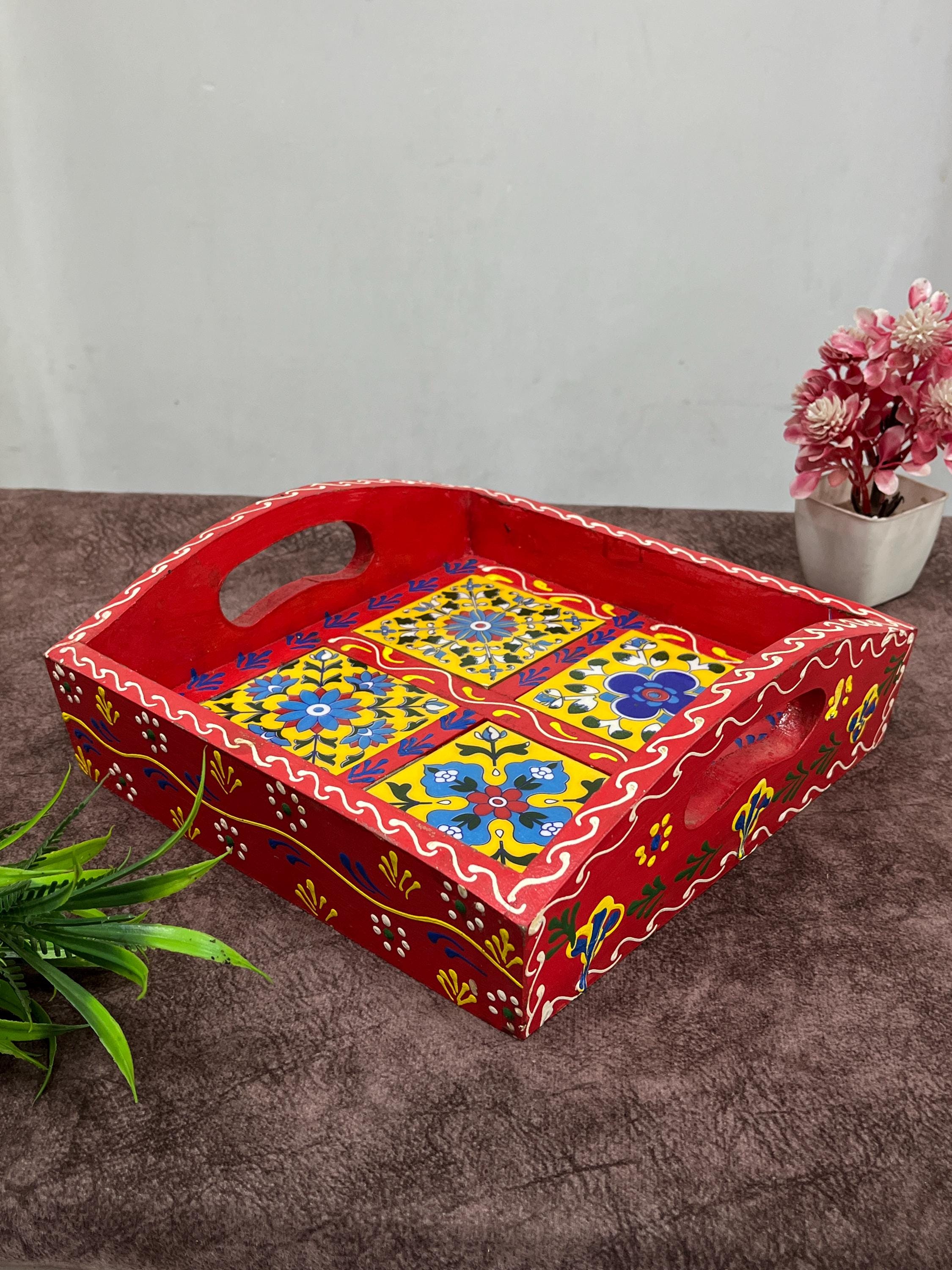 Handcrafted Red Wooden Tray: Rajasthani Floral Ceramic Tile Art - Etsy