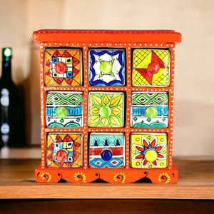 Wooden Ceramic Drawer Organizer | Handcrafted Rajasthani Storage Chest | 9 Drawer, 6 Drawer & Stair Drawer with Free Mini Drawer