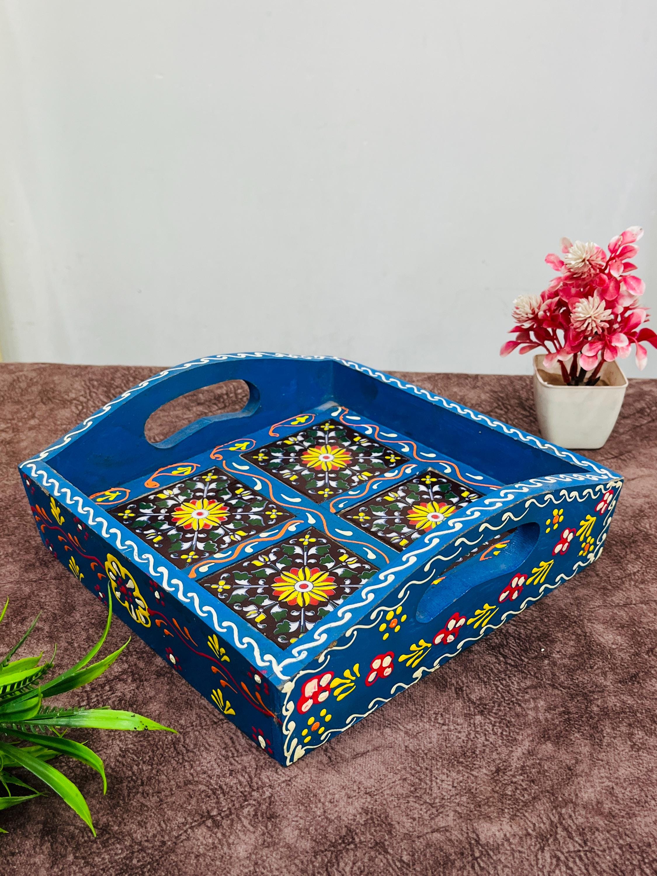 Handcrafted Blue Wood Serving Tray: Rajasthani Floral Tile Art - Etsy