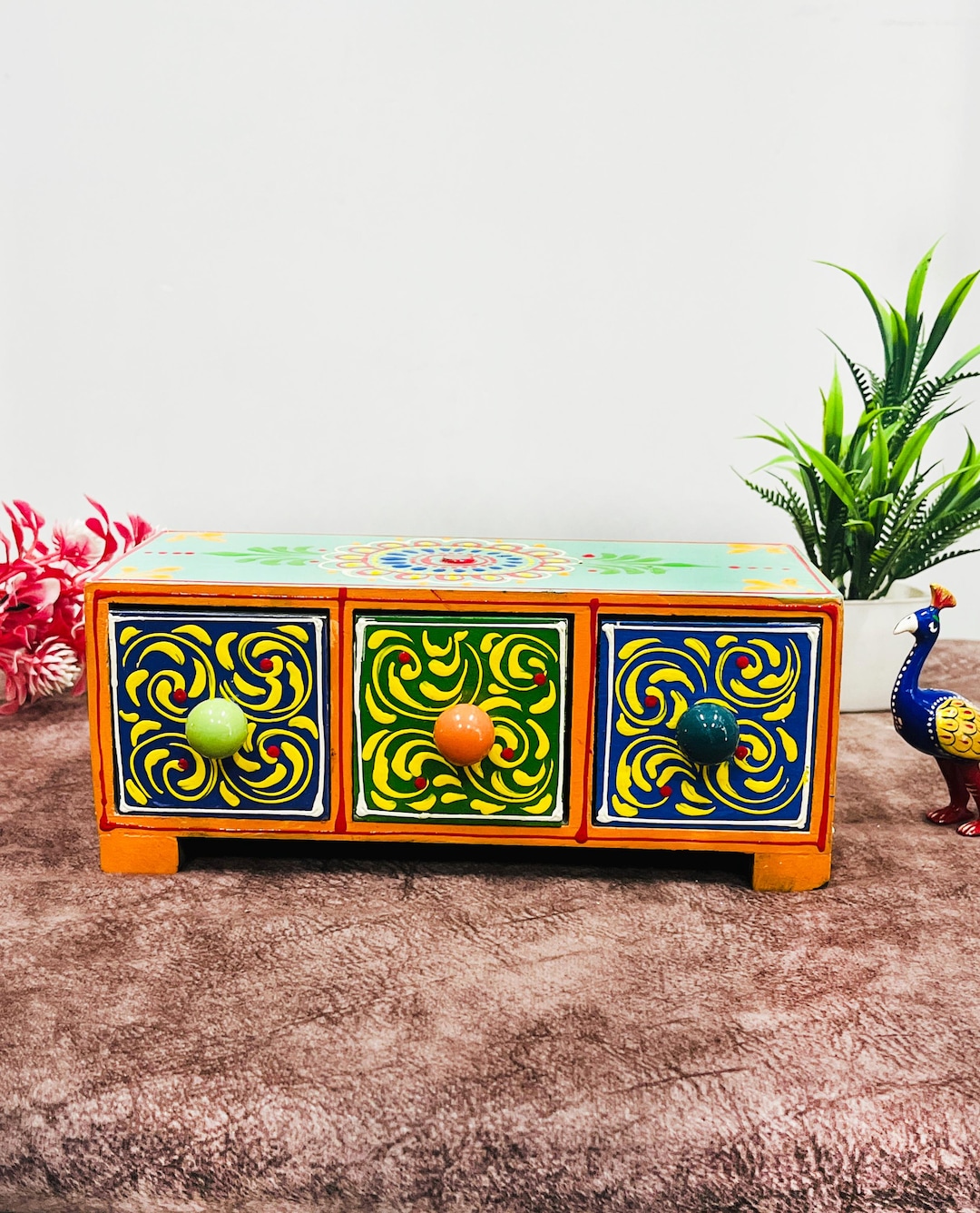 Handcrafted Wooden Spice Box | Rajasthani Ceramic Drawer Mini