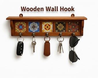 Porte-clés en céramique avec étagère – Crochet mural en bois, porte-clés d'entrée